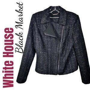 WHBM TWEED‎ MOTO JACKET Black Shimmer Collarless, Size 8